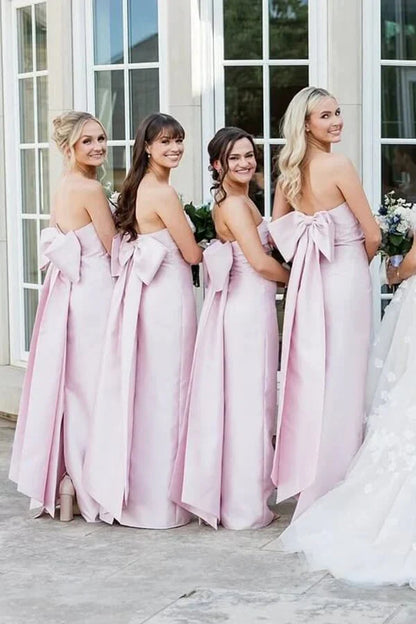 Cute Satin Strapless Pink Bridesmaid Dress With Bow