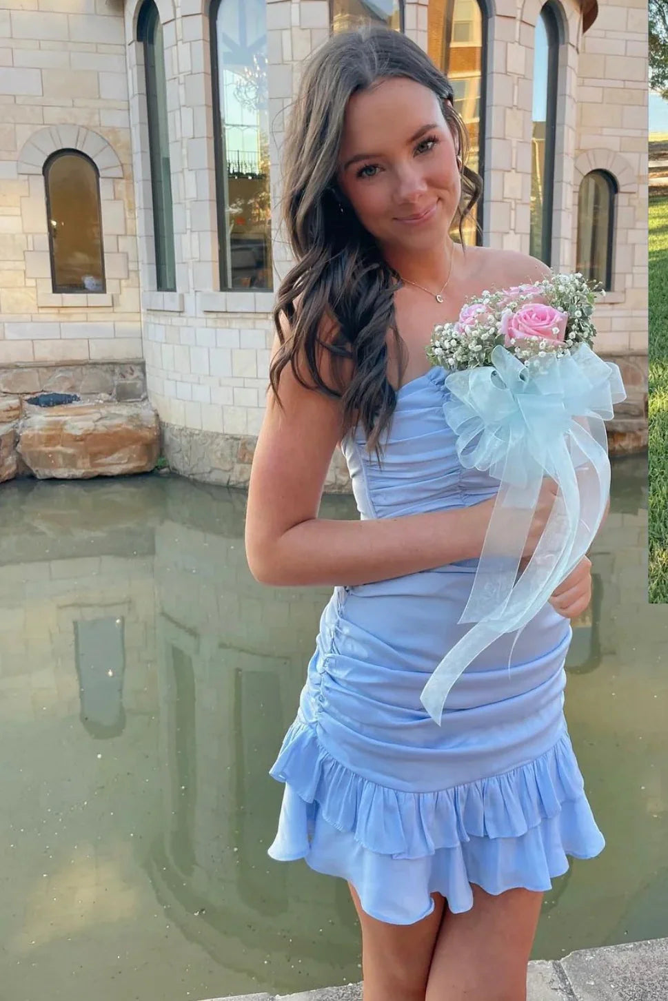 Cute Satin Strapless Pleated Empire Ruffle Homecoming Dress