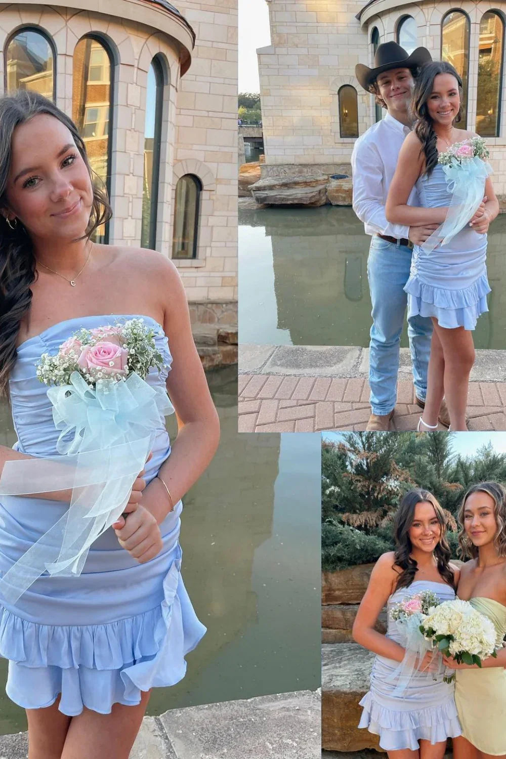 Cute Satin Strapless Pleated Empire Ruffle Homecoming Dress