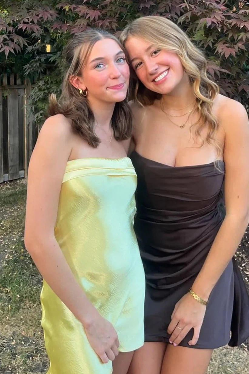 Cute Satin Strapless Sheath Yellow Mini Party Homecoming Dress