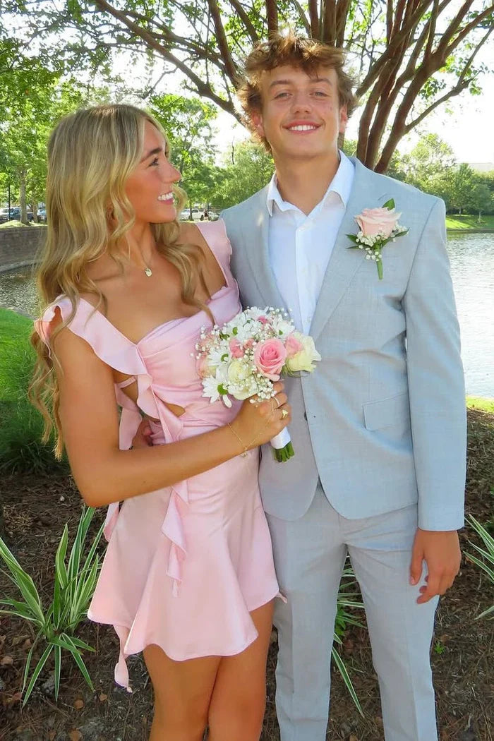 Vintage Pink Chiffon Ruffled Backless Homecoming Dress Party Dress Cocktail Dress TP4703