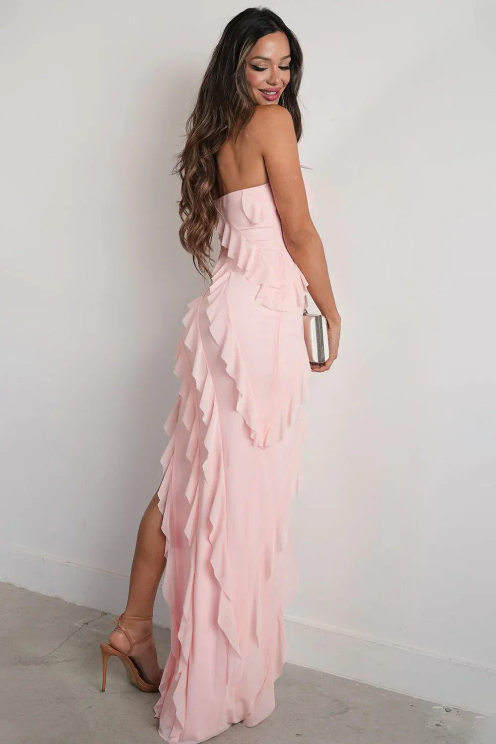 Cute Strapless Ruffled Party Prom Dress With Slit