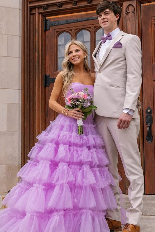 Cute Sweetheart Strapless Tulle A-Line Tiered Party Prom Dress