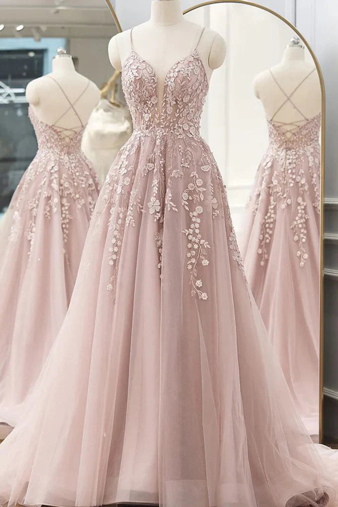 Cute Tulle A-Line Lace Appliques Lace Up Prom Dress