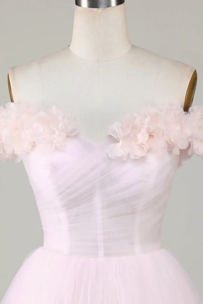 Cute Tulle A-Line Off-Shoulder Floral Embossed  Homecoming Dress