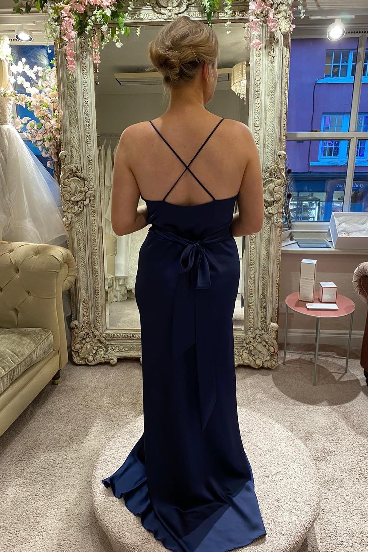 Navy Blue Cowl Neck Ruched Bridesmaid Dress Formal Dresses