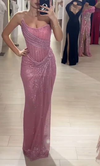 Sparkly Sheath Pink Sequin Long Prom Dresses Strapless 22th Birthday Outfit Graduation Dress