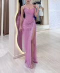 Vintage Pink Glittering Tulle Strapless Evening Gown Sheath Party Dress Long Formal Dress TP4973