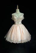 Vintage Pink Beaded Embroidery A-Line Homecoming Dress Spaghetti Strap Party Dress Short Chiffon Cocktail Dress TP4608