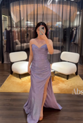 Elegant Sheath Purple Long Prom Dresses Glitter High Slit Formal Dress