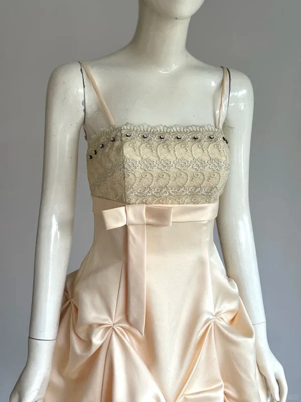 Vintage Champagne A-Line Spaghetti Strap Homecoming Dress Satin Beaded Party Dress Short Cocktail Dress TP4611