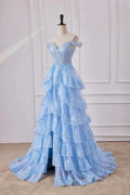 Glamorous Light Blue Off-the-Shoulder Layered Lace Evening Dress TP5712