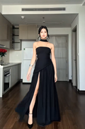 Elegant Strapless Long Prom Dresses with Slit Chiffon Leg Split Formal Outfit