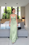 Vintage Sage Green Satin Evening Gown Sheath Straps Party Dress Long Formal Dress TP4974