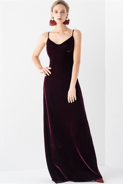 Dark Burgundy Velvet V-Neck Sleeveless Open Back Prom Dress