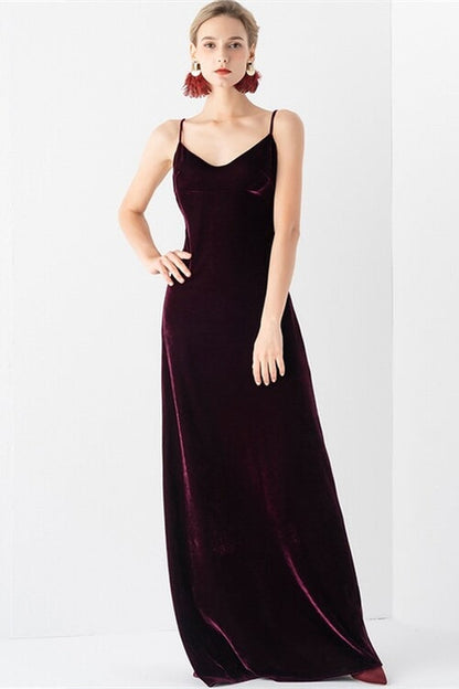 Dark Burgundy Velvet V-Neck Sleeveless Open Back Prom Dress