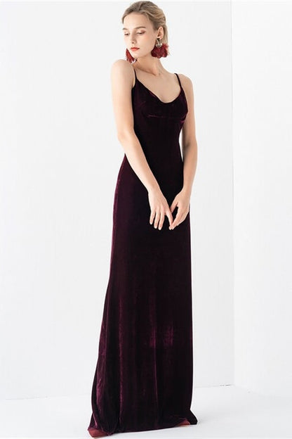 Dark Burgundy Velvet V-Neck Sleeveless Open Back Prom Dress