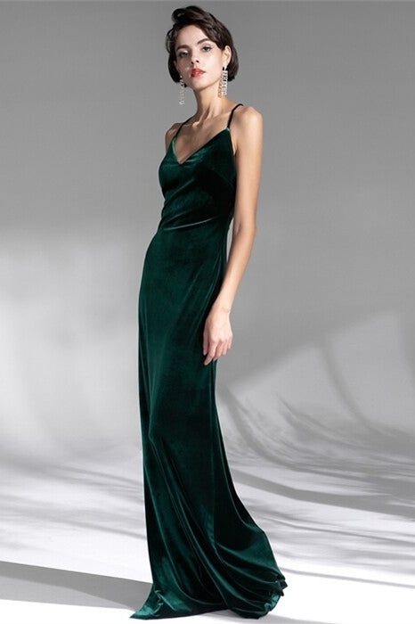 V-Neck Spaghetti Straps Velvet Backless Party Prom Dress