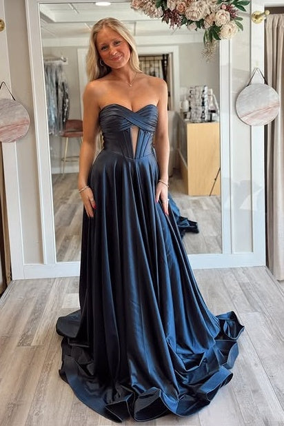 Sweetheart Strapless Satin A-Line Empire Party Prom Dress