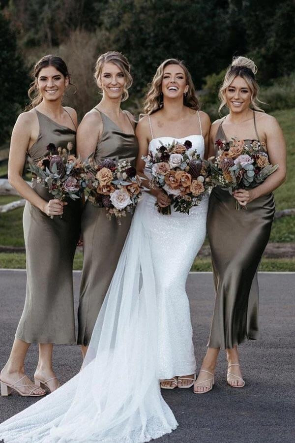 Different Straps Sleeveless Satin Bridesmaid Dress