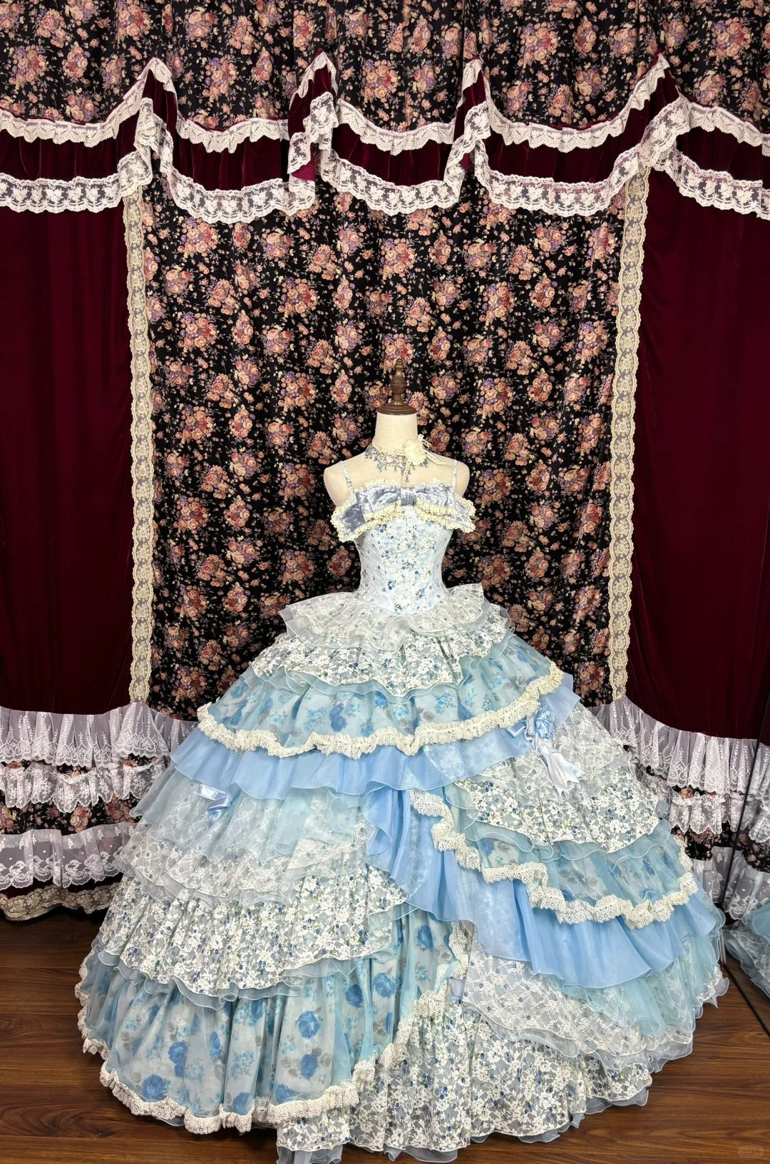 Blue floral sweet cute elegant long satin tulle ball gown evening dress gh4769