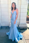 Fancy Double Straps Blue Satin Mermaid Long Dress