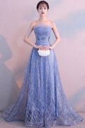 Dusty Blue Tulle A-Line Long Prom Dress With Beading, Strapless Evening Gown