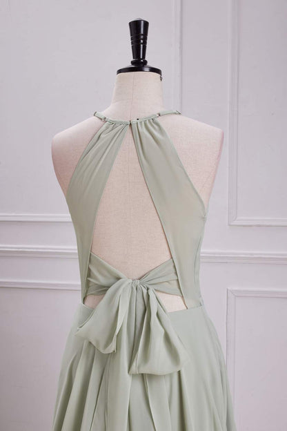 Dusty Sage Halter Keyhole A-line Long Bridesmaid Dress with Slit