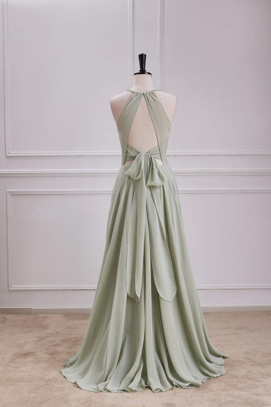 Dusty Sage Halter Keyhole A-line Long Bridesmaid Dress with Slit