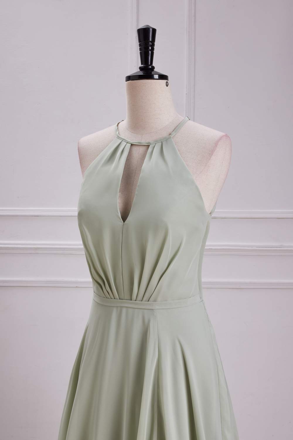 Dusty Sage Halter Keyhole A-line Long Bridesmaid Dress with Slit