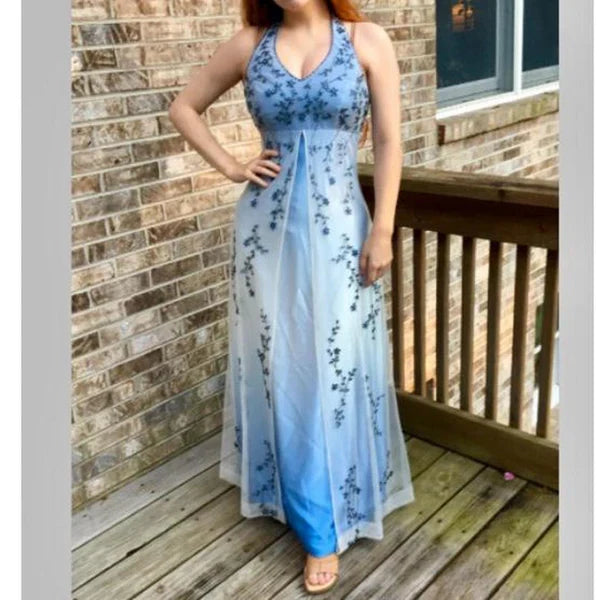 Vintage Ombre Halter Neck Floral Embroidery Chiffon Evening Gown TP5696