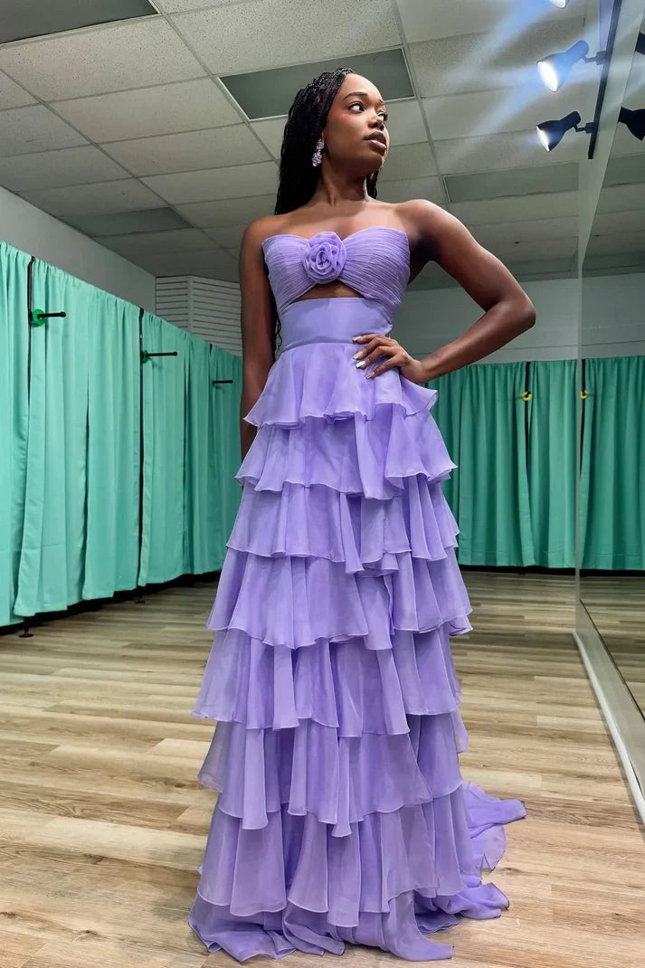 Strapless Chiffon Tiered A-Line Long Prom Dress With Side Slit
