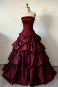 Vintage Burgundy Strapless Tiered Satin Sweet 16 Quinceanera Ball Gown TP5711