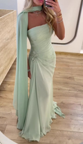 Light Green Chiffon Pleated Mermaid Long Birthday Dress Strapless Wedding Guest Dresses