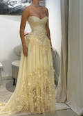 Fairy Strapless Floral Applique Long Prom Dresses Yellow Formal Evening Dresses