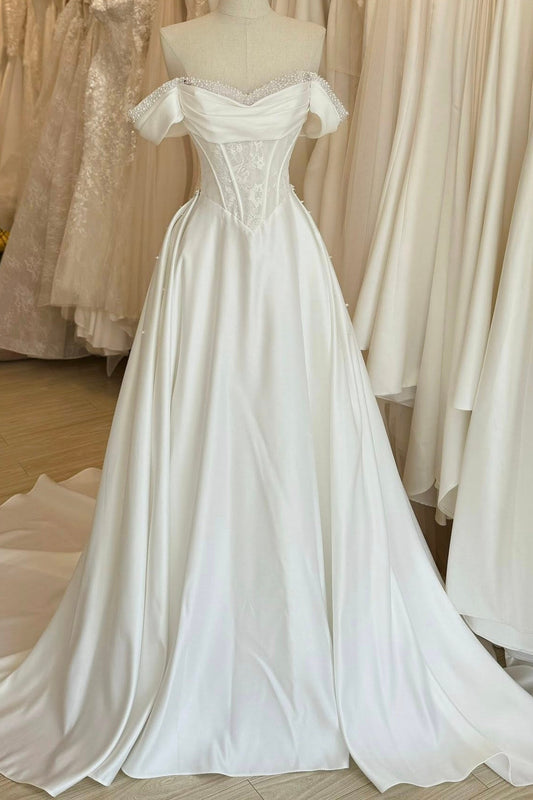 Elegant A-Line Off-Shoulder Lace Top Satin Wedding Dress With Train