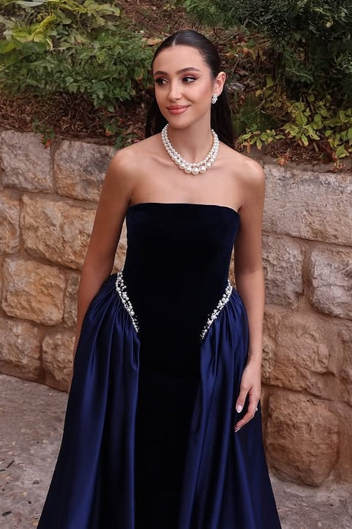 Elegant A-Line Strapless Two Tone Long Party Prom Dress With Pearls
