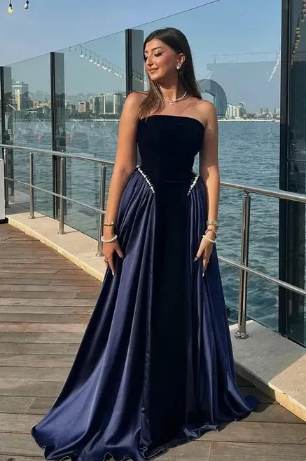 Elegant A-Line Strapless Two Tone Long Party Prom Dress With Pearls