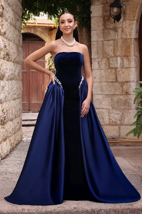 Elegant A-Line Strapless Two Tone Long Party Prom Dress With Pearls
