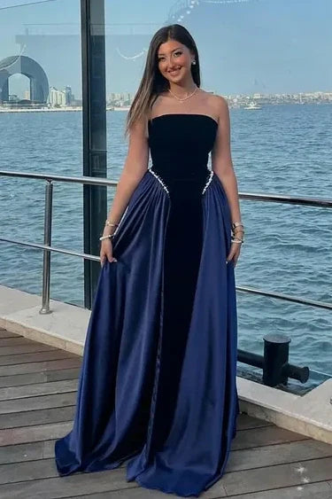 Elegant A-Line Strapless Two Tone Long Party Prom Dress With Pearls
