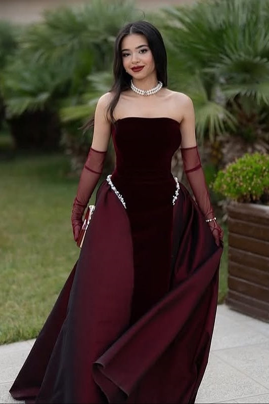 Elegant A-Line Strapless Two Tone Long Party Prom Dress With Pearls