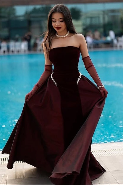 Elegant A-Line Strapless Two Tone Long Party Prom Dress With Pearls