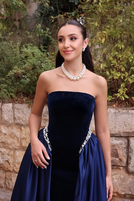 Elegant A-Line Strapless Two Tone Long Party Prom Dress With Pearls