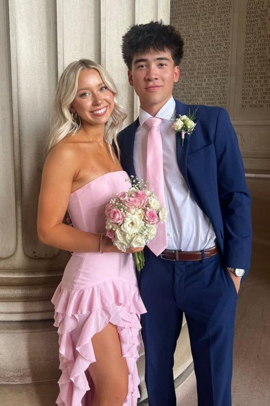 Elegant Pink Strapless Sheath Prom Dress with Cascading Ruffle