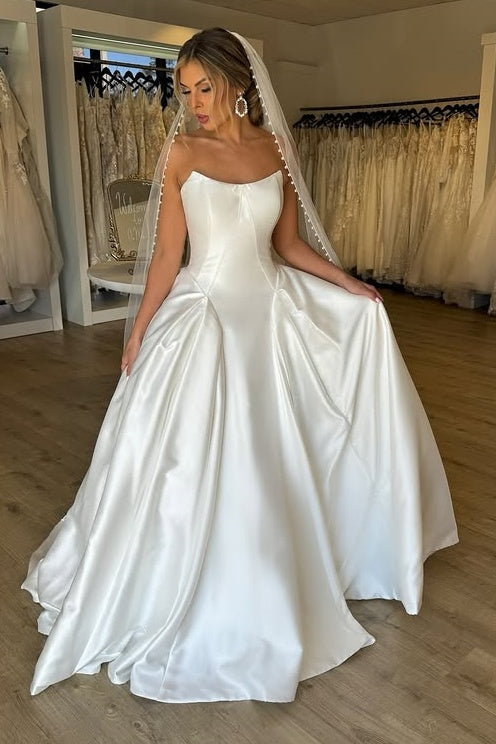 Elegant Satin A-Line Bateau Strapless Empire Wedding Dress