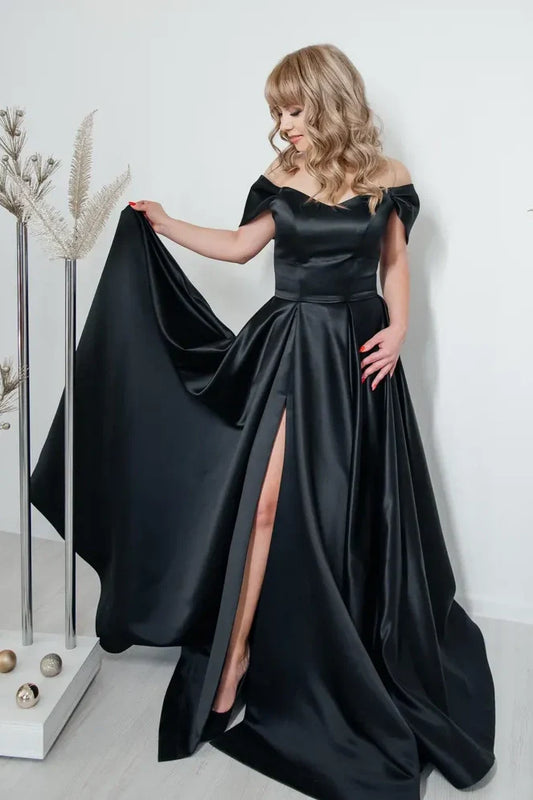 Elegant Satin A-Line Off-Shoulder With Side Slit Bridesmaid Dress