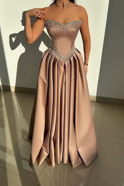 Elegant Satin A-Line Strapless Empire Beaded Party Prom Dress