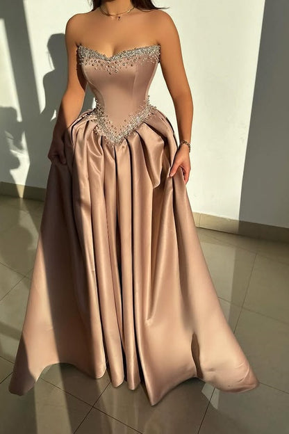 Elegant Satin A-Line Strapless Empire Beaded Party Prom Dress