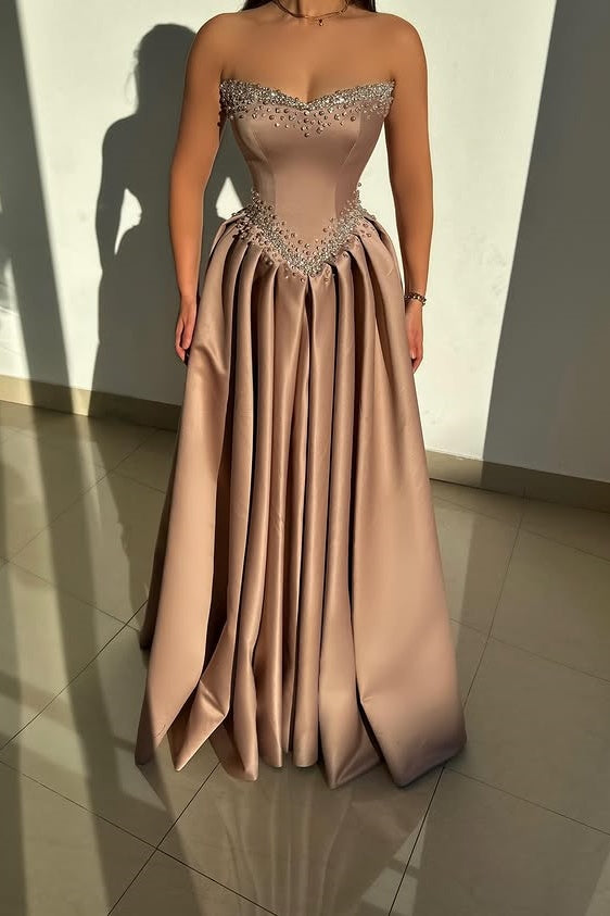 Elegant Satin A-Line Strapless Empire Beaded Party Prom Dress