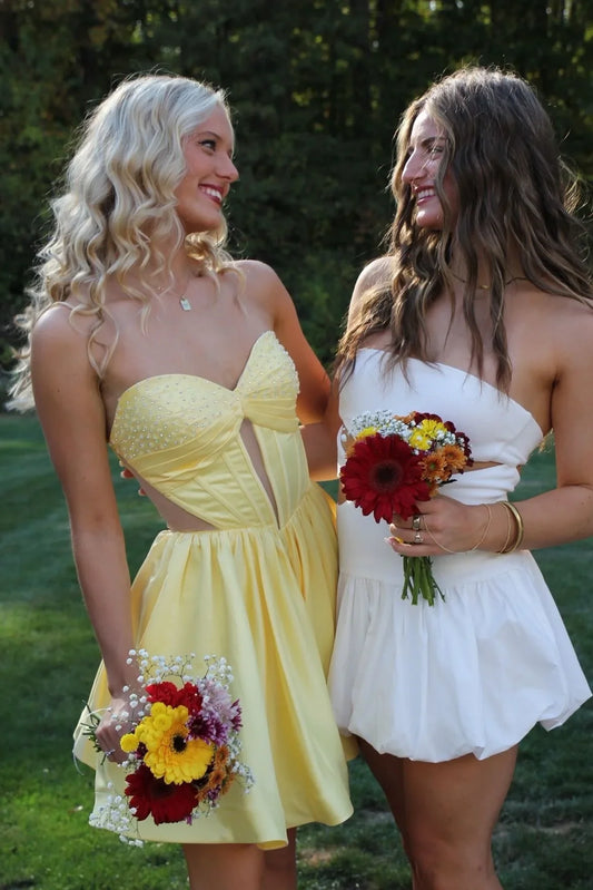 Elegant Satin A-Line Strapless High Waist Short Party Homecoming Dress